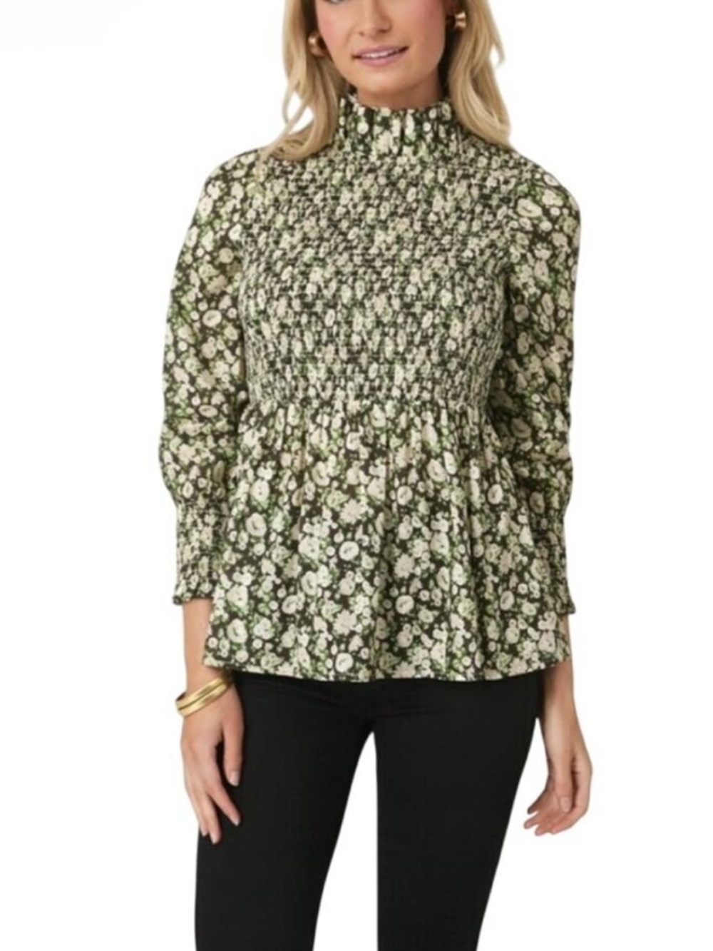 Tuckernuck Green Brown Floral Rowen Smocked Ruffle Peplum Top Blouse